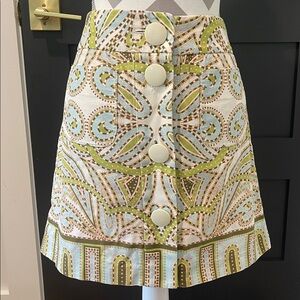 J. Crew Cream and Green Paisley 70s Retro Chic Mini Skirt Size 10